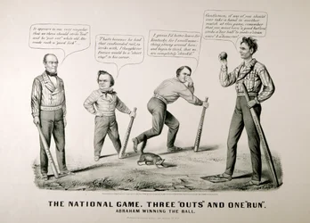 Caricatura mostrando a Abraham Lincoln (1809-65) ganando el balón contra sus oponentes Douglas, Bell y Breckenridge en la Elección Presidencial de 1860, 1860