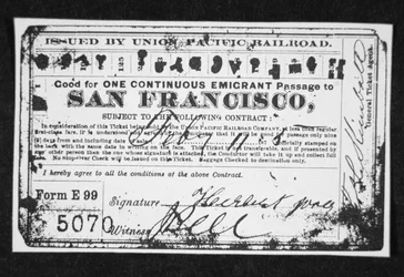Billete de ferrocarril barato para emigrantes, c.1870