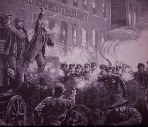 Motín laboral de Haymarket en Chicago de 1886, grabado publicado en Harper