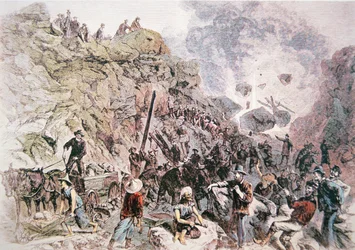 Trabajadores chinos ayudando a construir el Ferrocarril Central del Pacífico, completado en 1869