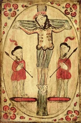 Cristo en la cruz y dos figuras