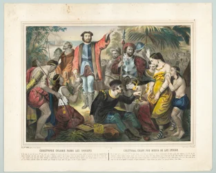 Cristóbal Colón entre los indios (litografía en color)