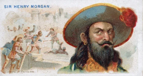 Tarjeta de cigarrillos Sir Henry Morgan, captura de Panamá, de la serie Piratas del Caribe español (N19), pub. 1888