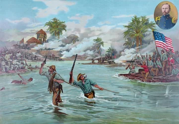 El coronel Funston y el 20º de los voluntarios de Kansas cruzando el río en Calumpit, 26 de abril de 1899, pub. 1899 (litografía en color)