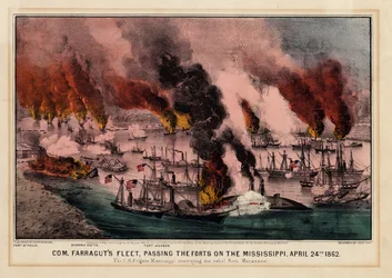 La flota del Com. Farragut, pasando los fuertes en el Mississippi, 24 de abril de 1862, pub. por Currier & Ives, 1862