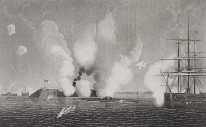 Combate entre el CSS Virginia Confederado (izquierda) y el USS Monitor de la Unión (centro) el 9 de marzo de 1862 en Hampton Roads, Virginia