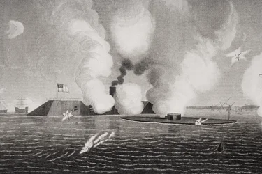 Combate entre el CSS Virginia Confederado (izquierda) y el USS Monitor de la Unión (derecha) el 9 de marzo de 1862 en Hampton Roads, Virginia (detalle)