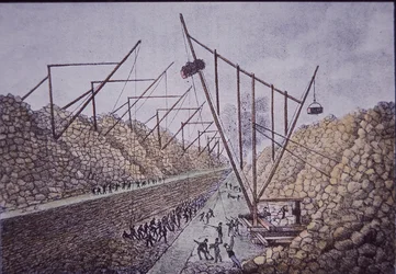 Grúas de construcción cerca de Lockport, Canal Erie