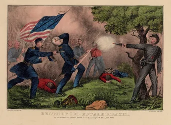 Muerte del Coronel Edward D. Baker, en la Batalla de Balls Bluff cerca de Leesburg VA., 21 de octubre de 1861, pub. por Currier & Ives, c.1861