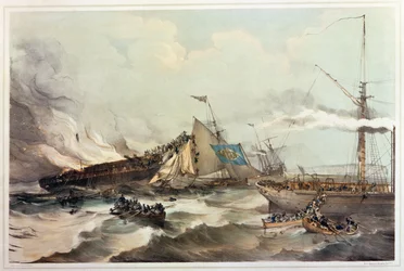 Destrucción del barco emigrante Ocean Monarch, grabado por Maclure, 1845