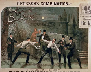 Duelo en la nieve, póster para La hija del banquero, protagonizada por la combinación de Crossens en la Ópera de Jacobs & Procter