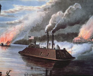 Buque acorazado federal en el Mississippi bombardeando territorio enemigo