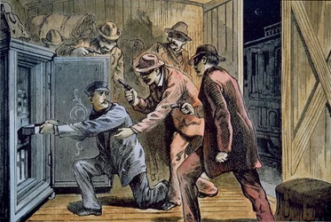 Frank y Jesse James roban el vagón expreso de un tren en 1879