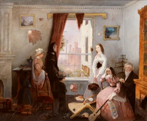 Familia de Fredericksburg en una casa destrozada por la guerra (óleo sobre tabla)
