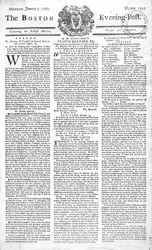 Primera página del Boston Evening Post anunciando la muerte del Rey Jorge II (1683-1760), 5 de enero de 1761