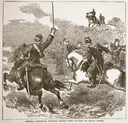 El General Sheridan convirtiendo la derrota en victoria en Cedar Creek, de un libro publicado en 1896