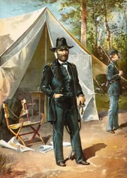 General Ulysses S. Grant frente a su tienda durante la Guerra Civil Americana, pub. 1892