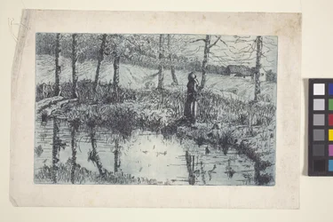 Girl By Pond (aguafuerte y plancha tono impreso en azul)