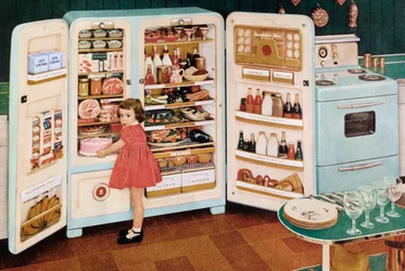 Chica sacando un pastel rosa de un enorme refrigerador lleno de comida