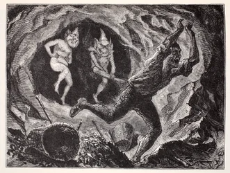 Gnomos Aterrorizando a un Minero, de La Guía Mundial de Gnomos, Hadas, Elfos y Otros Seres Pequeños por Thomas Keightley (1789-1872) Publicado 1880