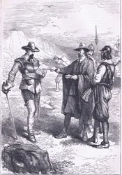 Desembarco de Gorton (1646), ilustración de la Historia de los Estados Unidos de Cassell publicada por Petter & Galpin c.1890