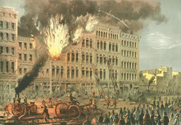 Gran incendio en Lake Street, de Chicago Illustrated, con descripciones literarias de James W. Sheahan, publicado por Jevne & Almini, Chicago, 1866-67