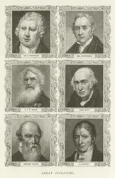 Grandes inventores, Sir R Arkwright, George Stephenson, S F B Morse, James Watt, Bernard Palissy, Eli Whitney