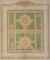 Plano de los edificios de la Gran Feria Sanitaria Central, Logan Square, junio de 1864 (litografía en color)