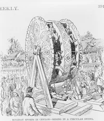 Deportes festivos en Ceilán, montando en una rueda circular, c.1893