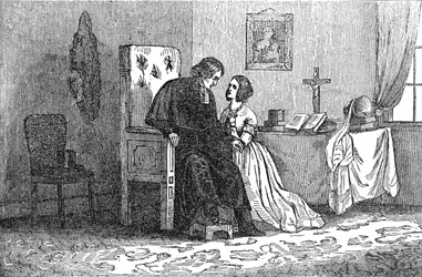 Ilustración de un panfleto anticatólico mostrando a una joven siendo seducida por un sacerdote