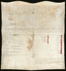Tratado indio, Conferencia de Easton, Pensilvania, 23 de octubre de 1758 (pluma y tinta con cera sobre pergamino)