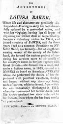Página de introducción a Las Aventuras de Louisa Baker impresa por Luther Wales, Nueva York, 1815