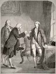 John Adams como el primer embajador estadounidense en la corte inglesa, presentando sus credenciales al rey Jorge III