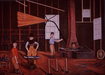 John Mohler Studebaker (centro), fabricante de carros germano-estadounidense en taller, c.1858