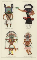Kwacus Alek Taka, Alo Mana, Máscara antigua (Clan Katcina), Máscara antigua (Clan Tcua) (litografía en color)