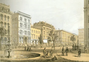 LaSalle Street desde Courthouse Square, de Chicago Illustrated, con descripciones literarias de James W. Sheahan, publicado por Jevne & Almini, Chicago, 1866-67