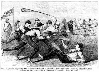 Lacrosse jugado por el Club Dominion de Montreal en los Campos Capitoline, Brooklyn, de un dibujo en el Periódico Ilustrado de Frank Leslie