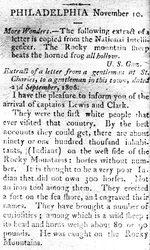 Carta anunciando la llegada de los capitanes Lewis y Clark, de The Boston Intelligencer, 19 de noviembre de 1806
