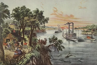 Agua baja en el Mississippi, pub. 1868, Currier & Ives (litografía en color)