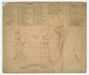 Mapa de casas y sitios históricos en Chicago, Illinois, c.1835