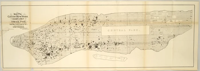 Mapa de la ciudad de Nueva York que muestra la ubicación de la viruela, del 1 de mayo de 1874 al 30 de abril de 1875