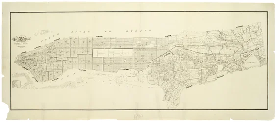 Mapa de la ciudad de Nueva York, realizado bajo la dirección de los Comisionados del Departamento Metropolitano de Bomberos, mostrando la ubicación de los edificios en posesión y uso del Departamento Metropolitano de Bomberos y del Departamento Metropolita