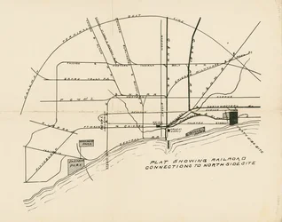 Mapa que muestra las conexiones ferroviarias al sitio propuesto de la Exposición Mundial Colombina en la Costa Norte