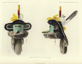 Máscara de Pautiwa - vistas frontal y lateral (litografía en color)