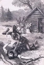 Masacre de los colonos, ilustración de la Historia de los Estados Unidos de Cassell, pub. por Petter & Galpin c.1890
