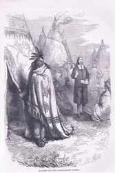 Mayhew y los Naragansett 1674, ilustración de la Historia de los Estados Unidos de Cassell publicada por Petter & Galpin c.1890