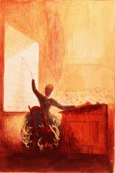 La Srta. Sarah E. Holden enseñando con la ayuda de un gráfico fonético, c.1840