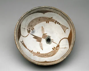Cuenco Mogollon con dos peces enganchados, estilo II, 1025-1150