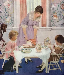 Madre cortando pan para sus hijos