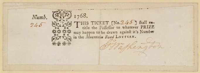 Boleto de Lotería de Mountain Road, firmado por George Washington, 1768